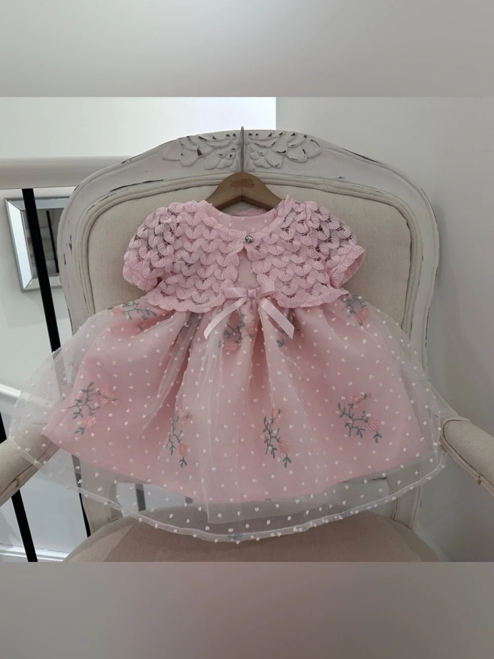 🦢 6~9 Mth Pink Tulle Princess Wedding Baby Dress with Matching Knit Bolero NWOT - Picture 5 of 16